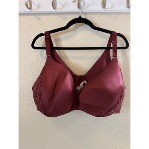 Cacique Dark Red Full Coverage Bra 46DDD Lace Detail Underwire Satin Finish